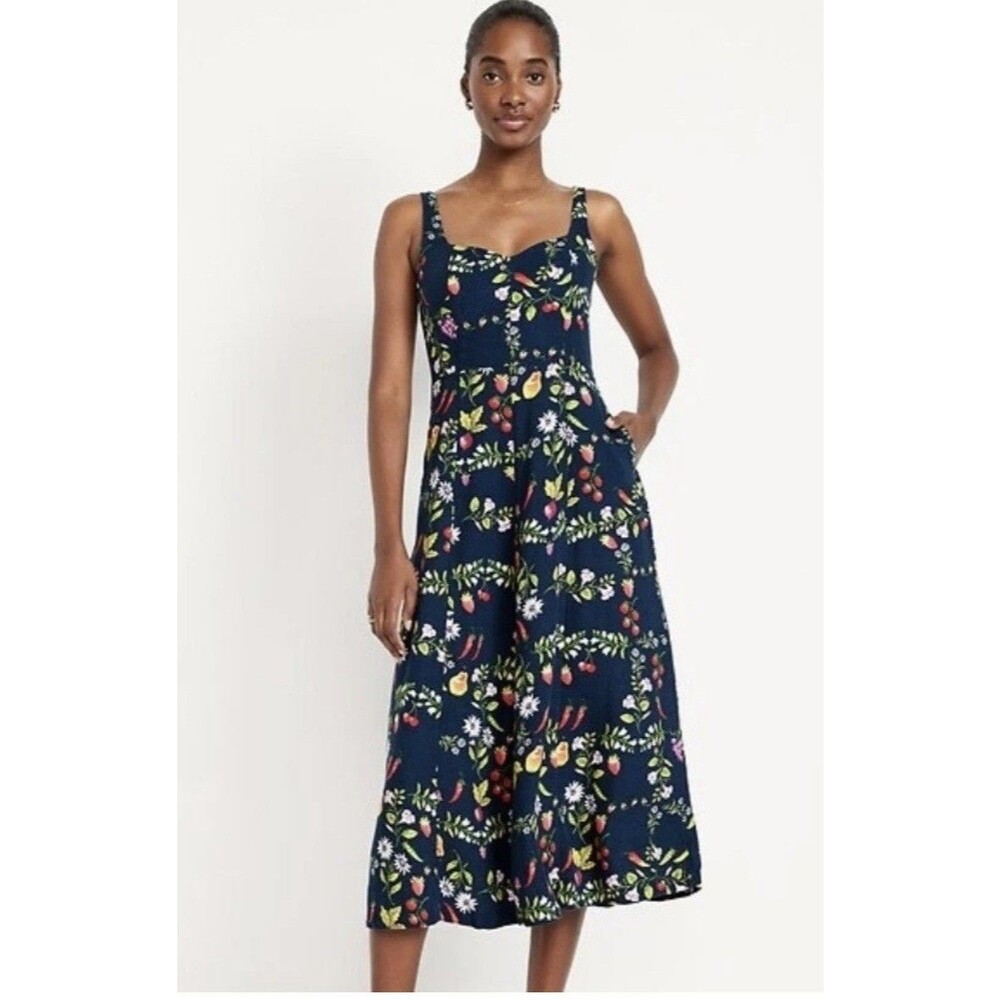 Old Navy Linen Blend Navy Blue Midi Dress XL Smocked Sleeveless Dress Pockets